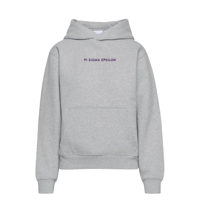 Gray hooded sweatshirt with Pi Sigma Epsilon embroidered in purple