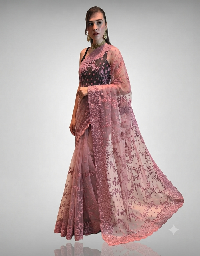 Pink Net Saree
