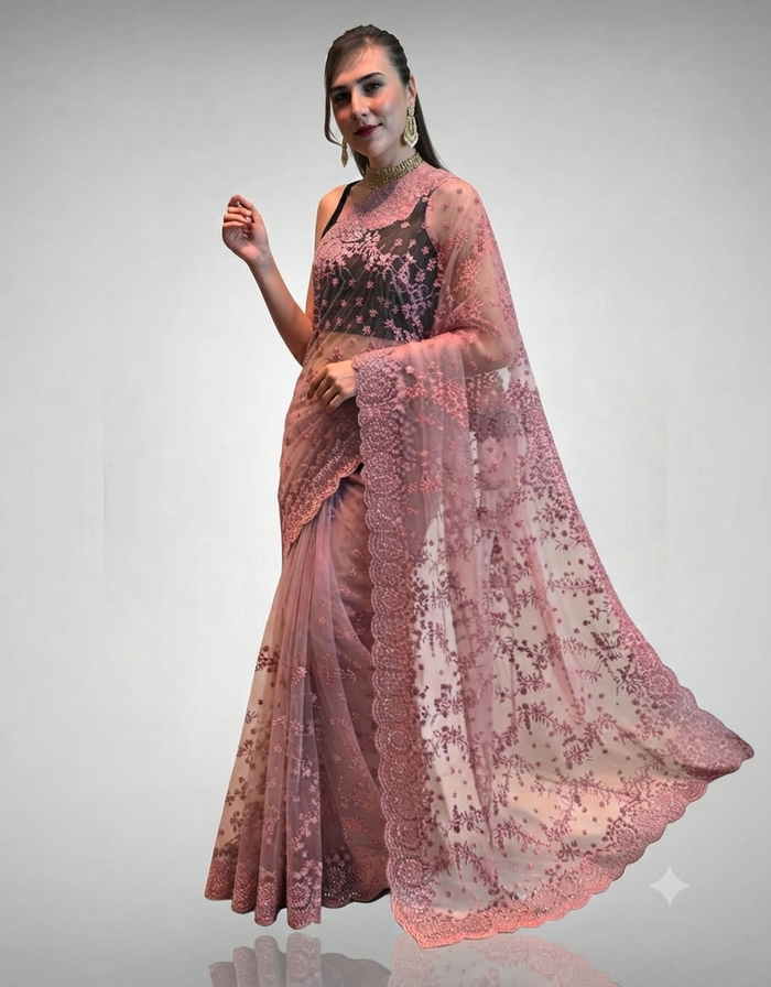 Pink Net Saree