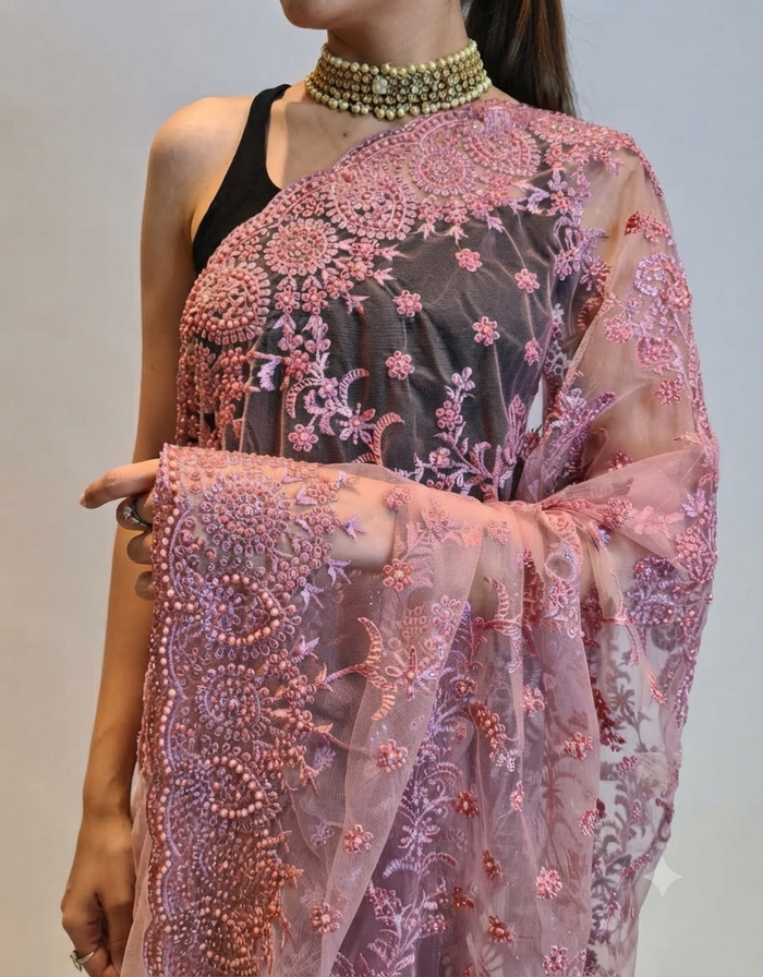 Pink Net Saree