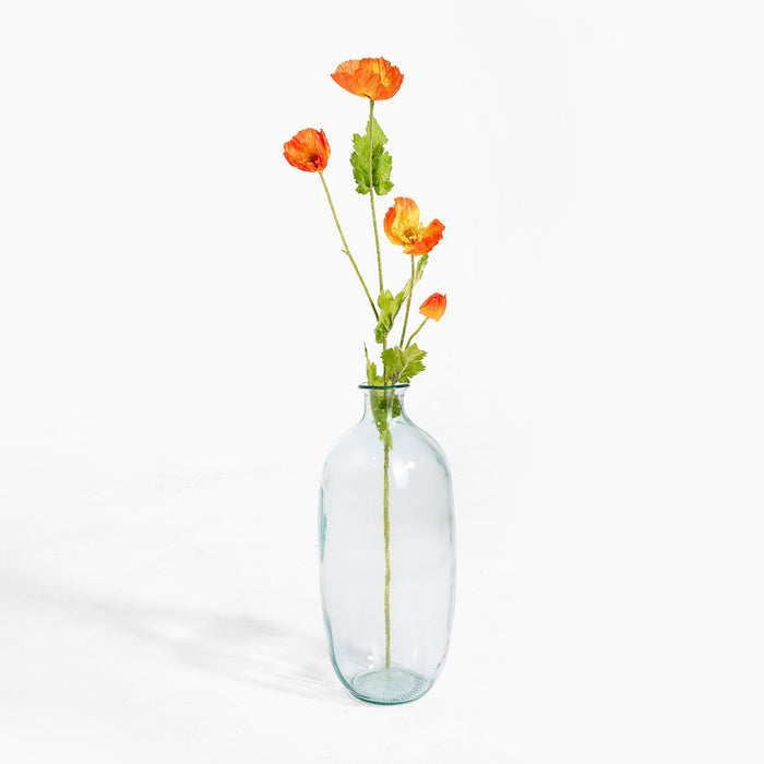 Clear glass vase with orange flowers on a white background