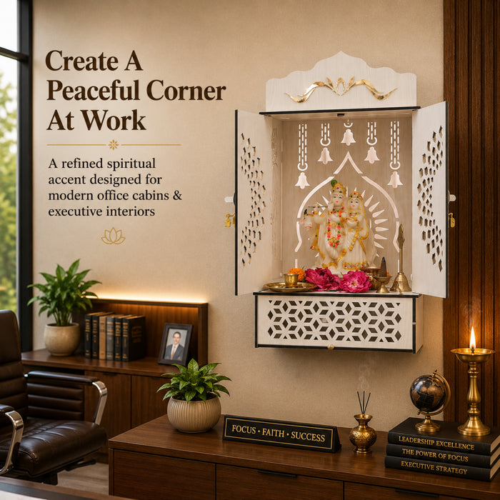 Premium Wooden Home Mandir with Openable Doors & Storage Drawer | Wall Mounted Pooja Temple | White Finish | Venlay Wood