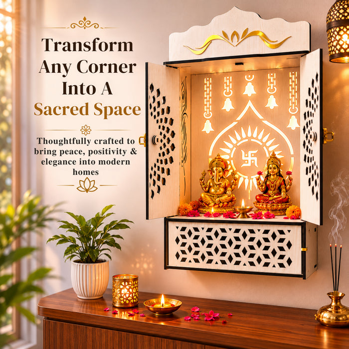 Premium Wooden Home Mandir with Openable Doors & Storage Drawer | Wall Mounted Pooja Temple | White Finish | Venlay Wood