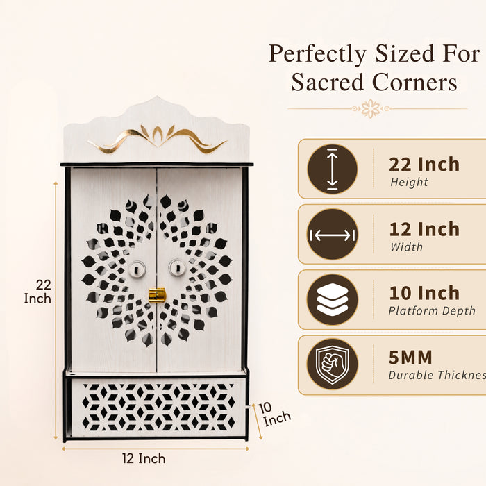 Premium Wooden Home Mandir with Openable Doors & Storage Drawer | Wall Mounted Pooja Temple | White Finish | Venlay Wood