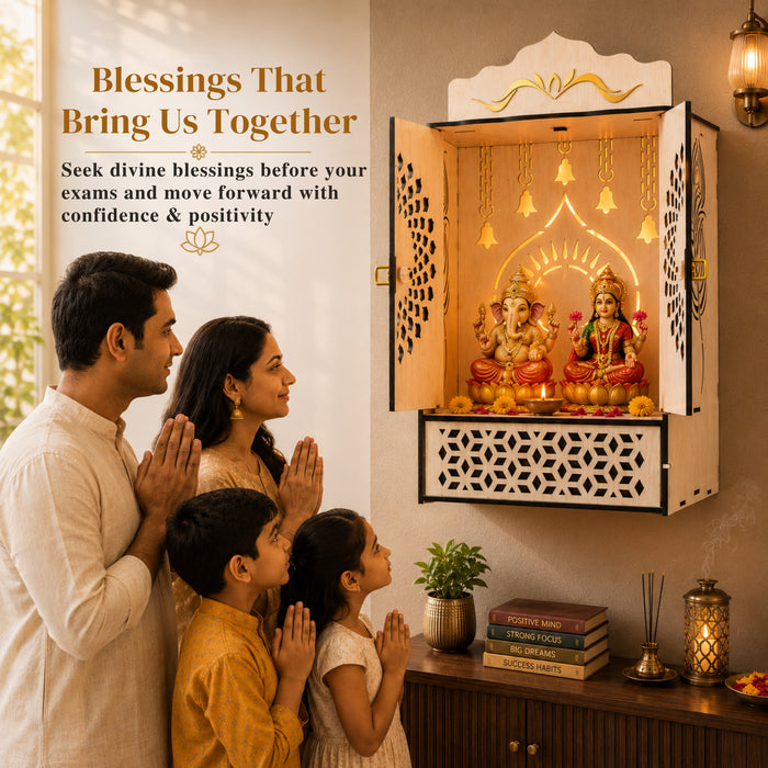 Premium Wooden Home Mandir with Openable Doors & Storage Drawer | Wall Mounted Pooja Temple | White Finish | Venlay Wood