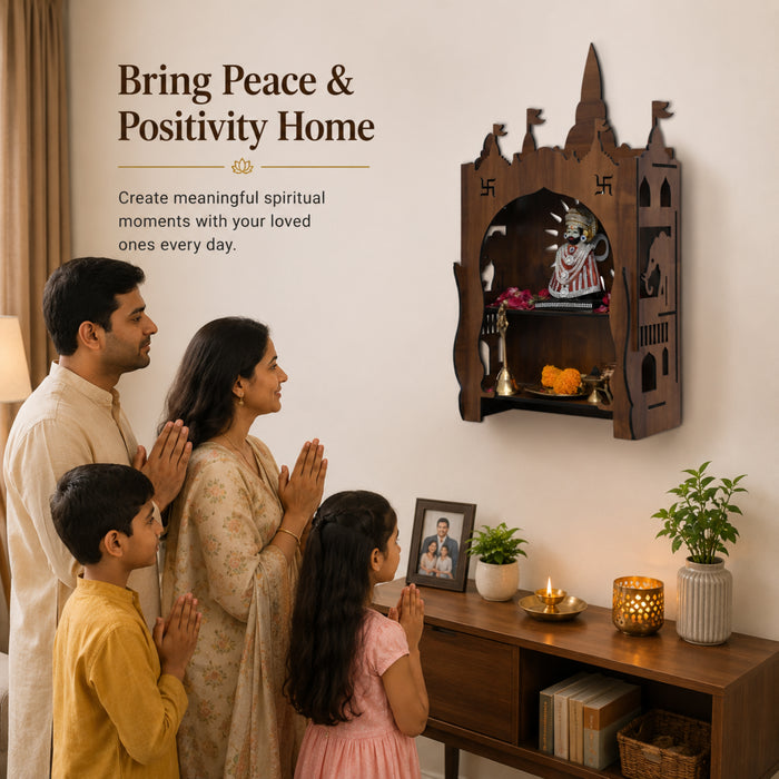 Premium Wooden Home Mandir with Traditional Shikhar Dome | Brown Pooja Temple for Home | African Cherry Finish | Venlay Wood