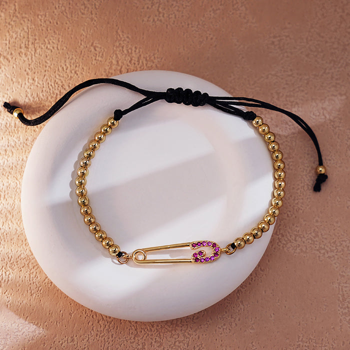 Purple Diamond Paperclip Link Bracelet with Gold Beads