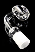 Close-up of 14.5 mm female quartz banger showing 4 mm thick bucket and ground joint, domeless design on black background.