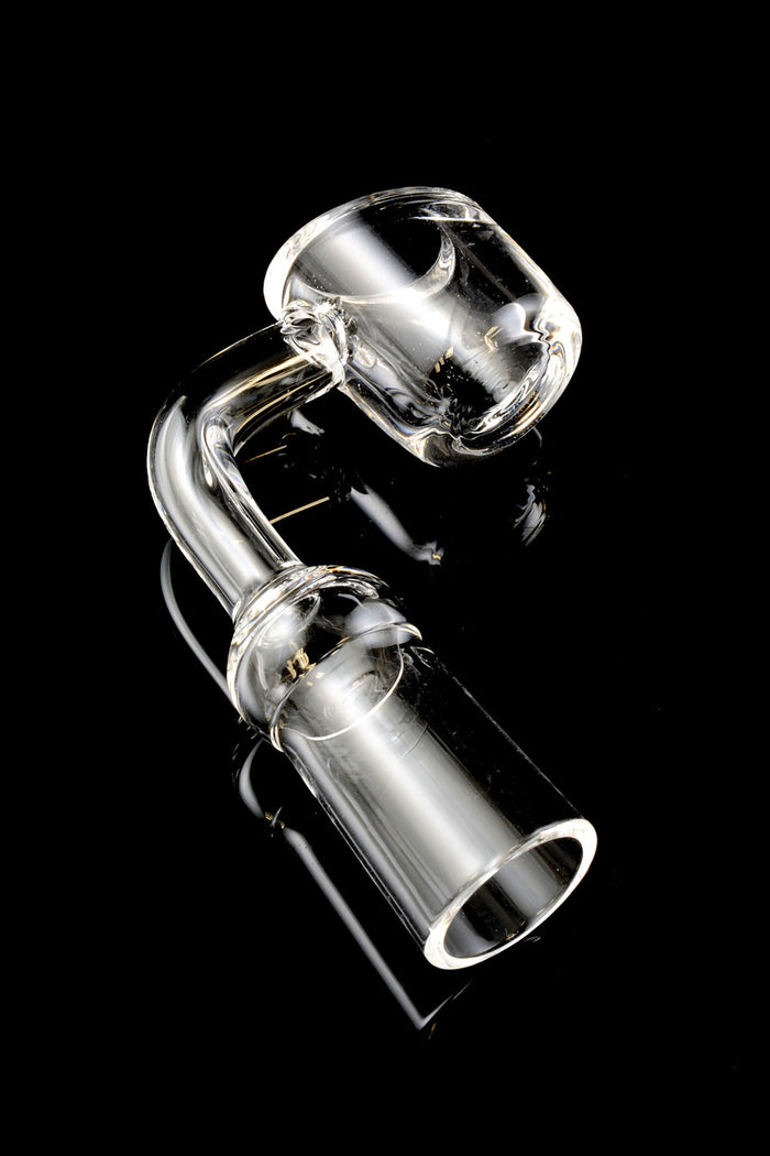 Side angle of clear 14.5 mm female quartz banger with curved neck, deep bucket and ground joint, 4 mm thickness, on black backdrop.