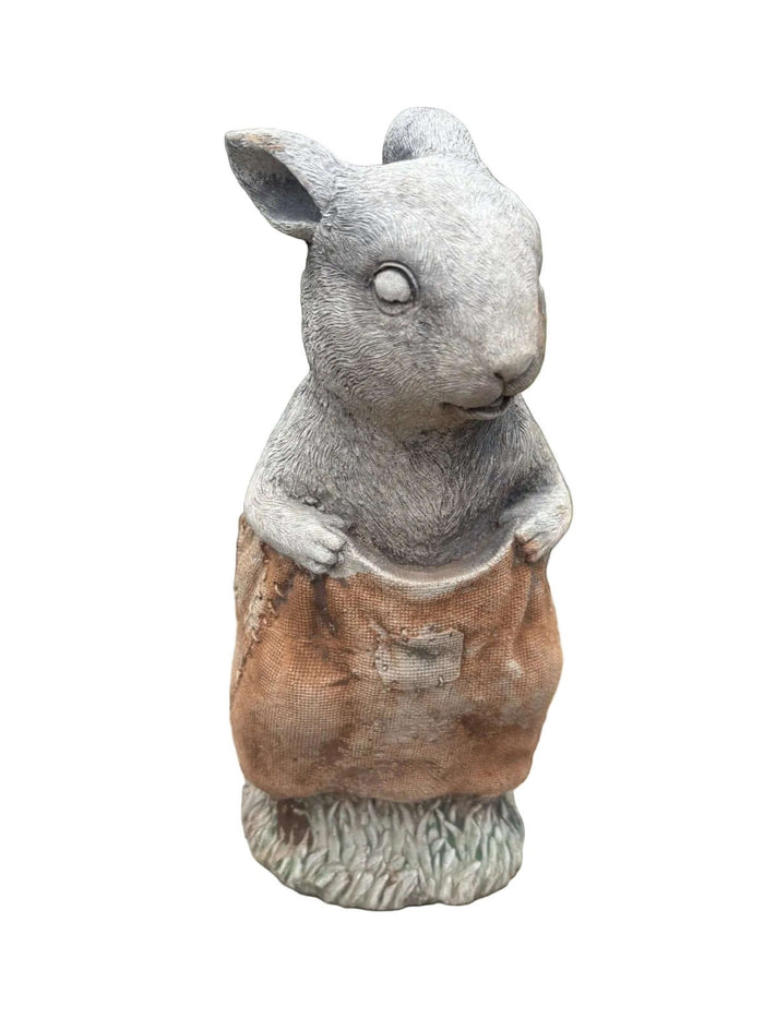 22nice4me Garden Statues hand-painted concrete rabbit ornament standing inside a textured brown potato sack