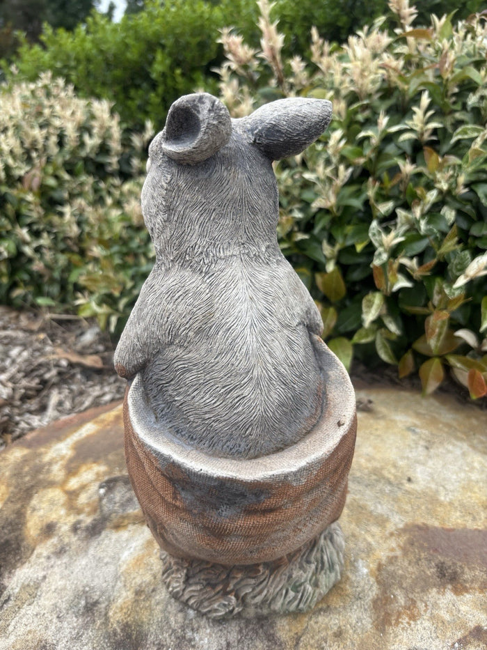 22nice4me Garden Statues concrete rabbit in a potato sack garden ornament with textured grey fur finish