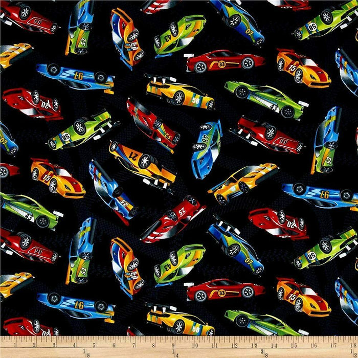 Race Cars Racing Car Toss Black Cotton Fabric Timeless Treasures C5401