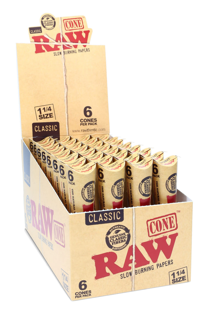 RAW Classic 1¼ pre-rolled cones 32-pack display, six cones per pack in retail box, unbleached paper with natural hemp gum.