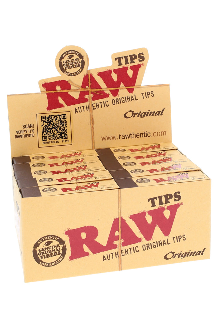 RAW Original Unrefined Tips 50-pack display box in tan kraft branding; bulk filter tips for rolling papers and cones.