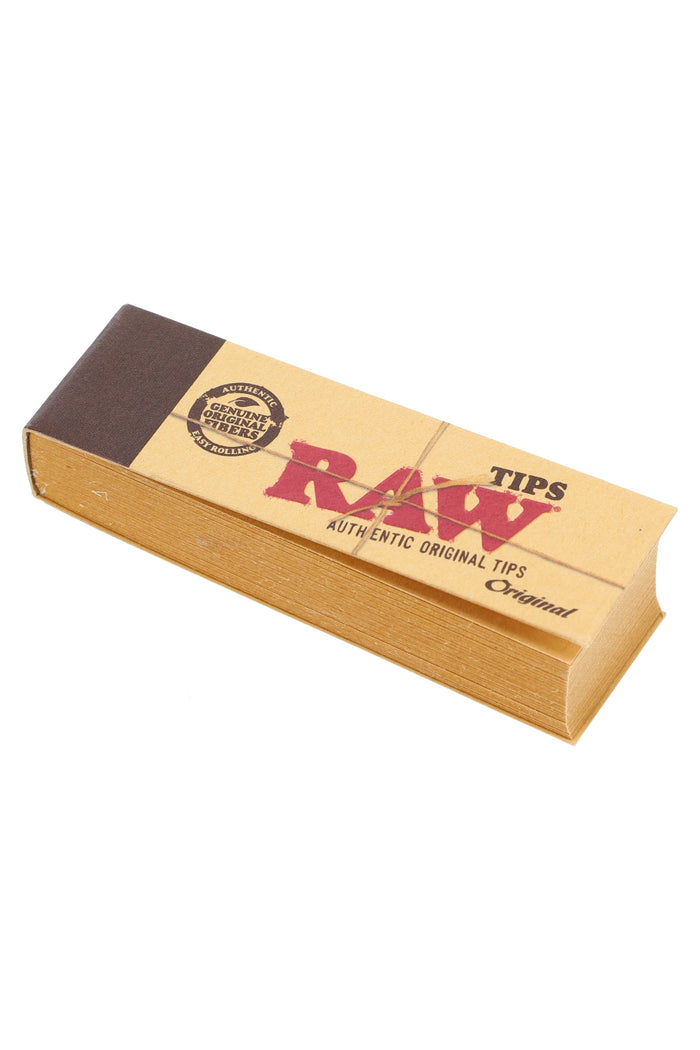 Single booklet of RAW Original Unrefined Tips with classic kraft cover; compact pack of filter tips for smooth, sturdy rolls.