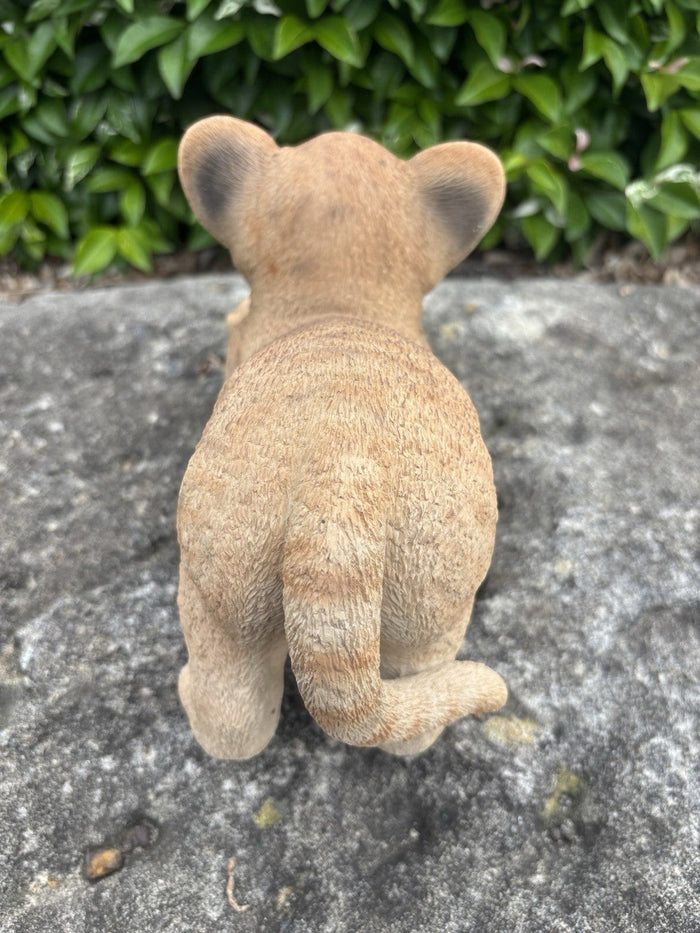 22nice4me Garden Statues resin lion cub figurine, rear view showing textured fur and tail, outdoor garden setting