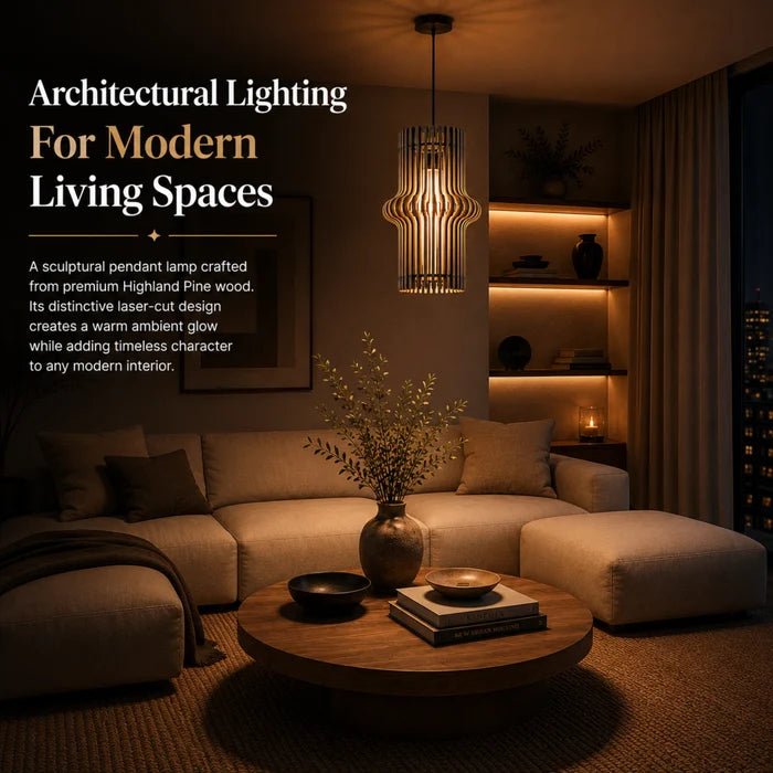 Royal Hourglass Wooden Hanging Lamp for Home Decor | Modern Ceiling Pendant Light in Highland Pine Finish | Designer Wooden Hanging Lamp by Venlay Wood