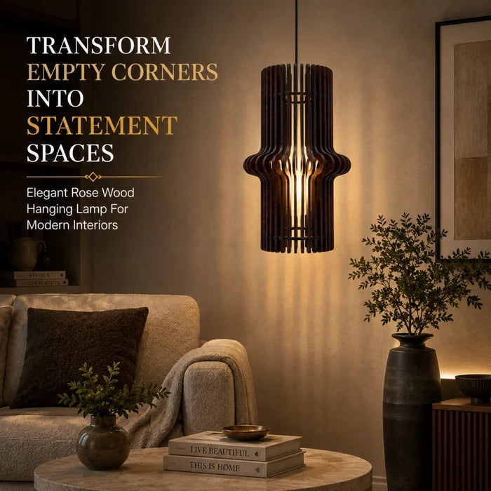 Royal Hourglass Wooden Hanging Lamp for Home Decor | Modern Rose Wood Ceiling Pendant Light | Venlay Wood