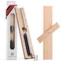 German-made wooden sand timer with black sand, packaging, and wall mounting kit
