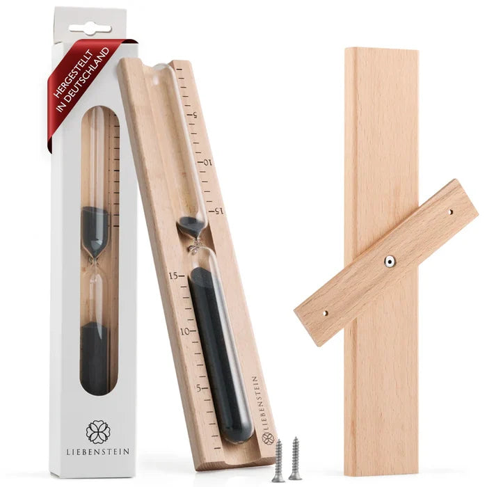 German-made wooden sand timer with black sand, packaging, and wall mounting kit