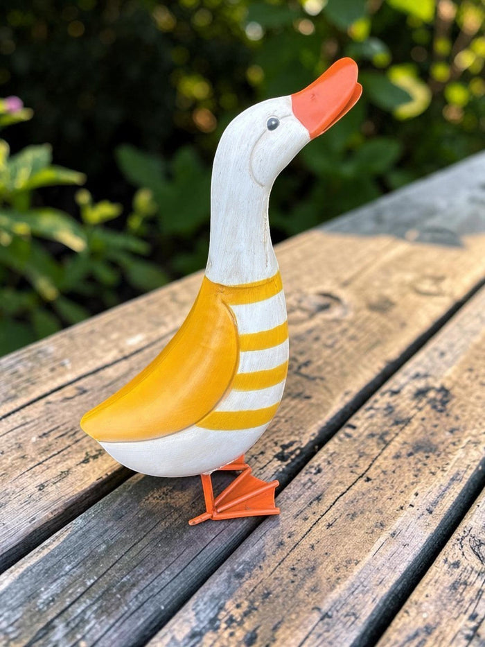 22nice4me Garden Statues metal duck ornament with yellow and white hand-painted finish on a wooden deck