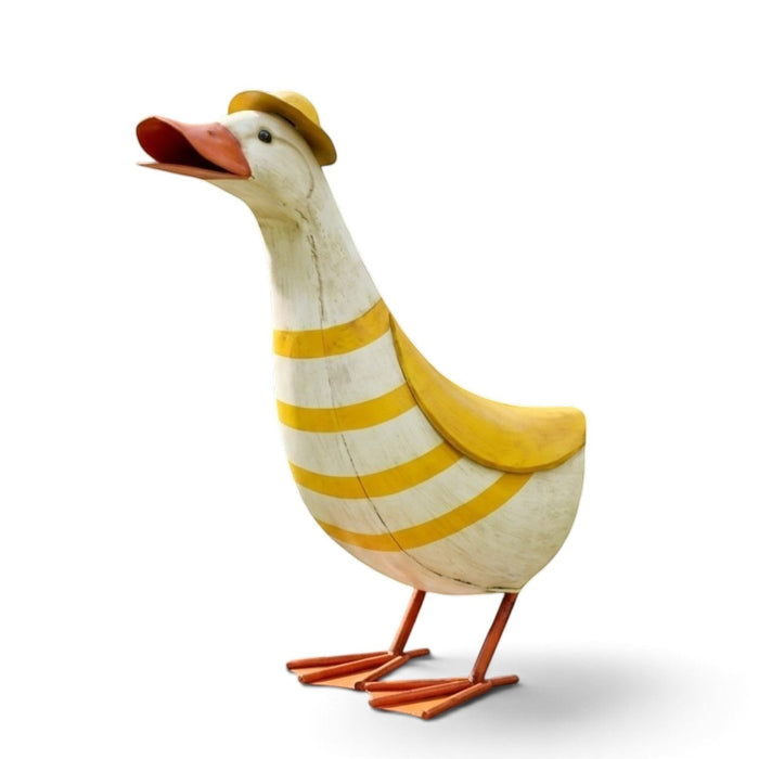 22nice4me Garden Statues metal duck ornament in yellow and white with a small hat for outdoor garden decor