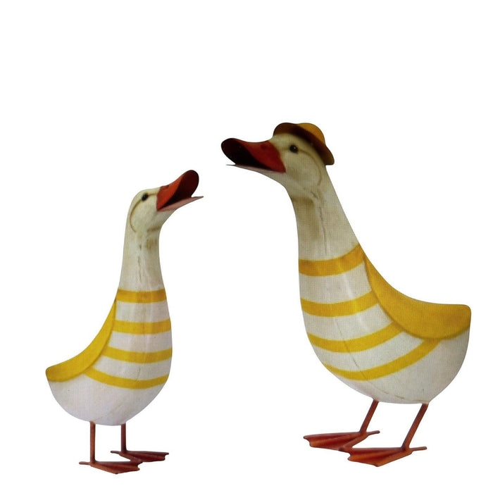 22nice4me Garden Statues set of two handcrafted metal ducks with yellow and white striped patterns for outdoor decor