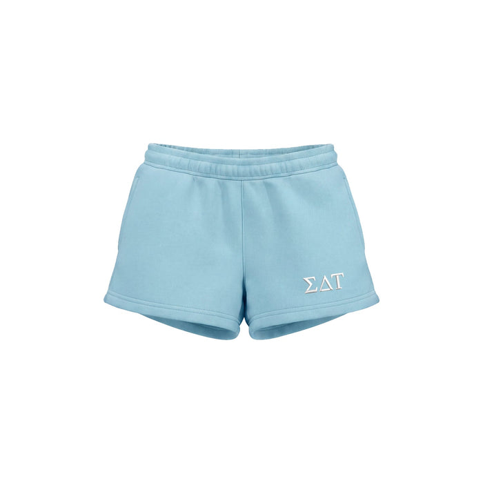 Sky blue fleece SDT shorts with embroidered Greek letters