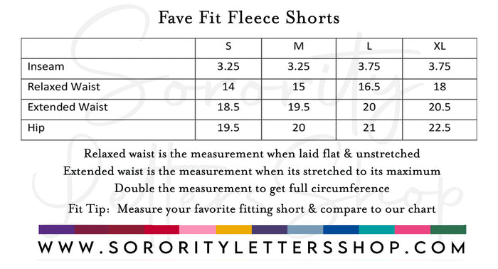 A sizing chart for 'Fave Fit Fleece Shorts' showing measurements in inches for sizes S, M, L, and XL, including Inseam, Relaxed Waist, Extended Waist, and Hip. The chart includes explanatory text about measurement definitions and a website URL at the bottom.
