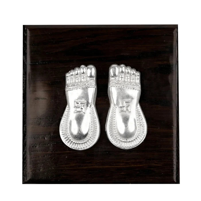 Silver Plated Laxmi Charan Paduka with Wooden Base