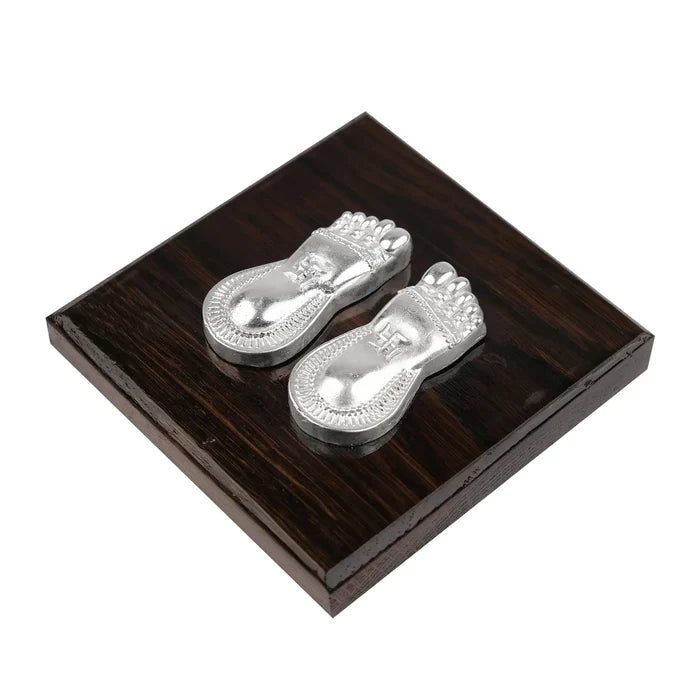 Silver Plated Laxmi Charan Paduka with Wooden Base