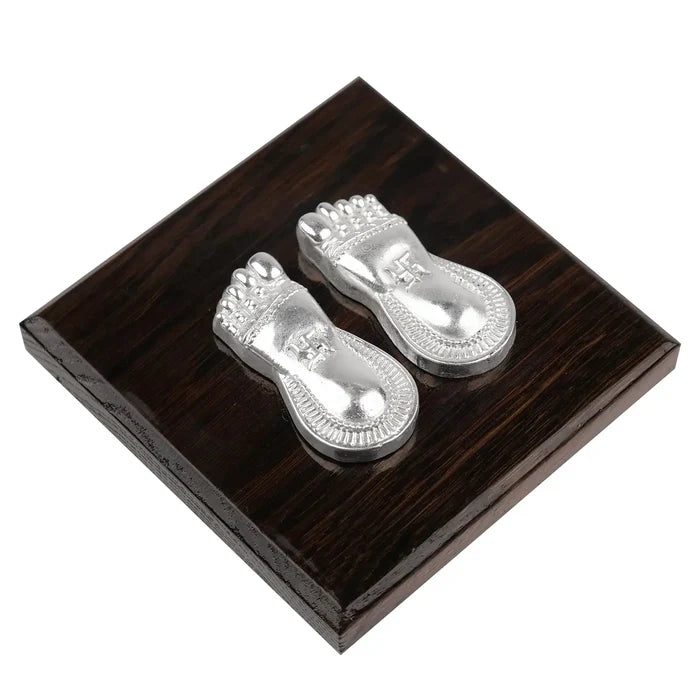 Silver Plated Laxmi Charan Paduka with Wooden Base