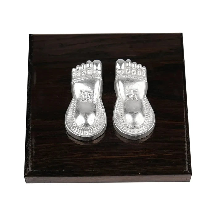 Silver Plated Laxmi Charan Paduka with Wooden Base