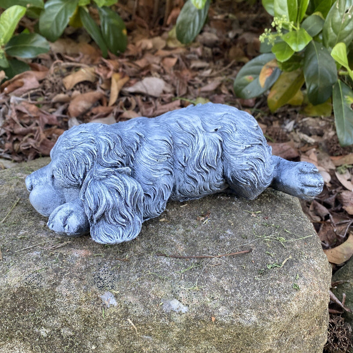 side view of a Concrete sleeping cavoodle garden statue  outdoor cement dog ornament