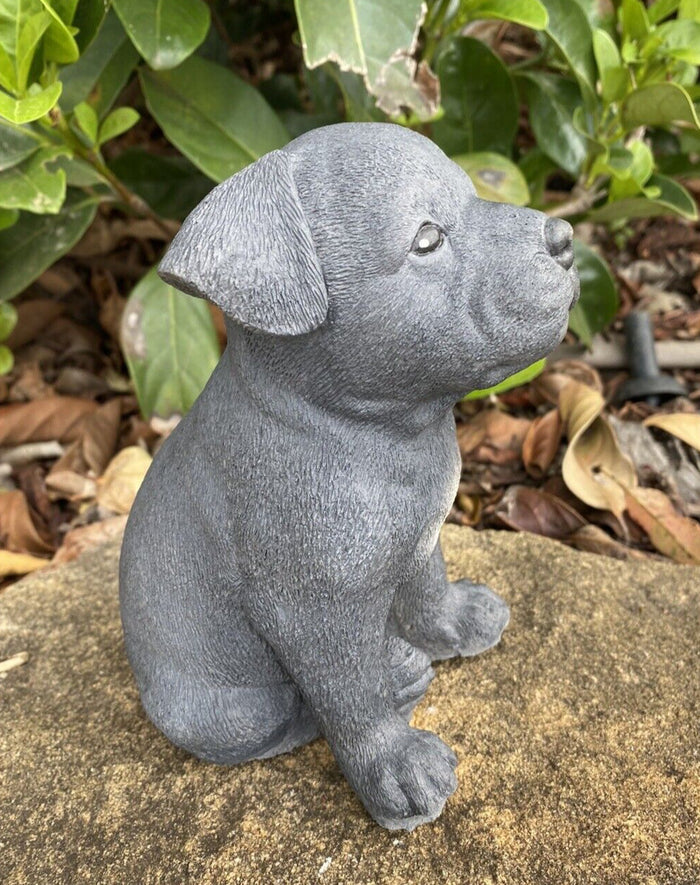 Side view of concrete  Staffordshire bull terrier garden statue outdoor dog ornament