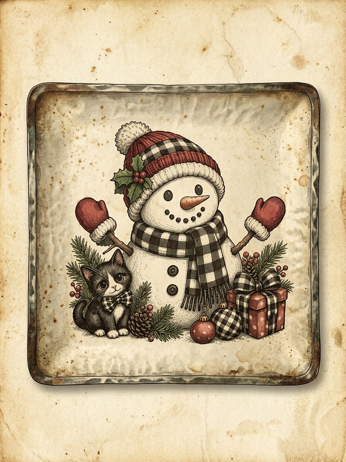 Snowman and Kitten Trinket Dish