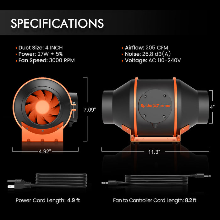 Spider Farmer 4" Inline Duct Fan with Smart Controller