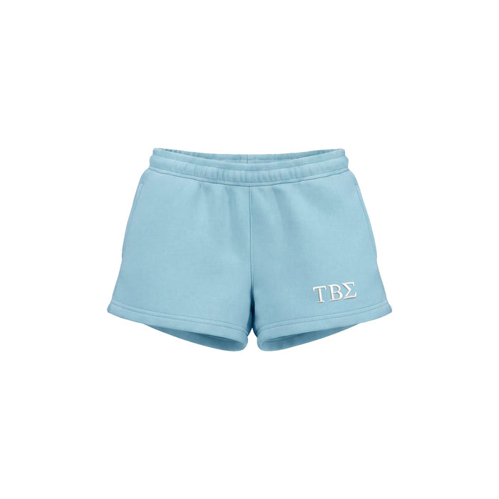 Sky blue Tau Beta Sigma fleece shorts with white embroidered Greek letters