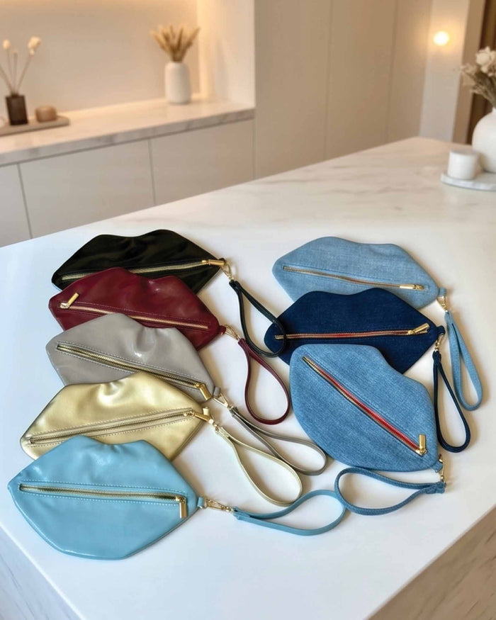 The Blake — Light Blue Denim Lip Pouch by David Stesner ArtHouse — light wash denim red makeup, styled view