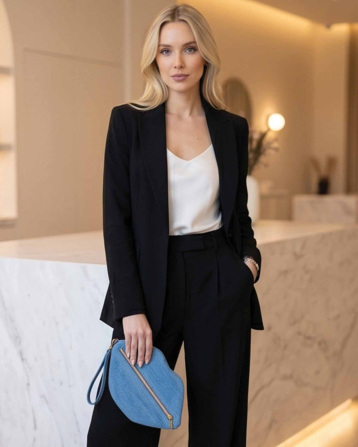 The Blake — Light Blue Denim Lip Pouch by David Stesner ArtHouse — light wash denim red makeup, side angle