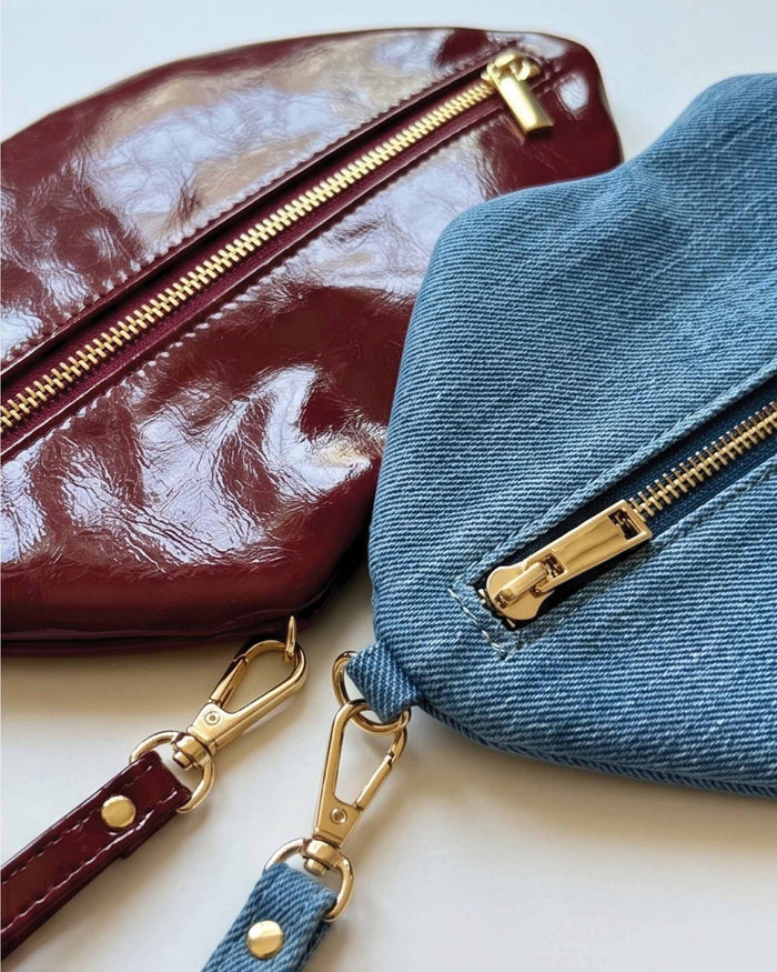 The Blake — Light Blue Denim Lip Pouch by David Stesner ArtHouse — light wash denim red makeup, full product view