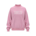 Pink Theta Phi Alpha fleece mock neck sweatshirt with '1912' bold white outline embroidery