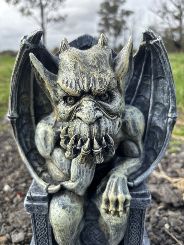 Thinking Gargoyle On Throne Statue Ornament Animal Garden 35cm High