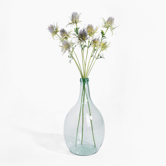 Clear glass vase with dried flowers on a white background