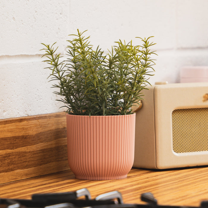 Artificial thyme herb plant in pink pot in kitchen