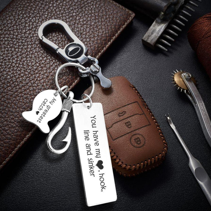 To My Man Fishing Hook Keychain Engraved 1 Name "You Have My Heart Hook Line And Sinker"