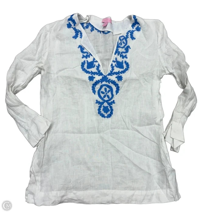 Top Long Sleeve Designer By Lilly Pulitzer In Blue & White, Size: Xs