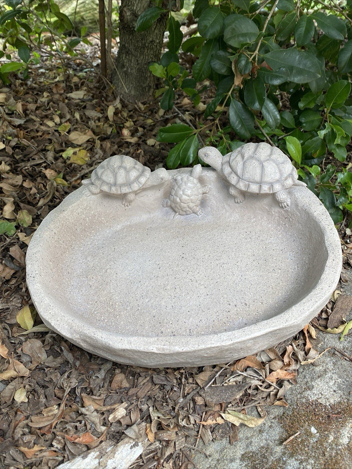 22nice4me Garden Statues turtle bird bath with three resin turtles on the edge and an antique stone-look finish