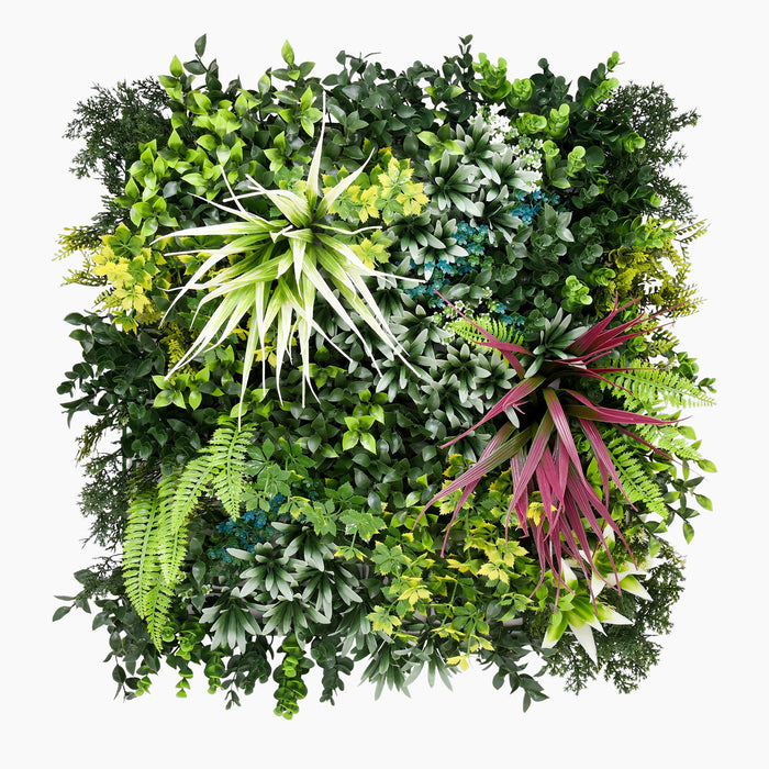 Artificial green wall with various types of plants on a white background