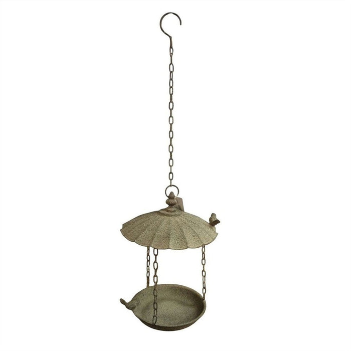 22nice4me Garden Statues antique grey metal hanging bird feeder with two decorative wrens and a scalloped roof